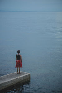 Rear view of woman standing by sea