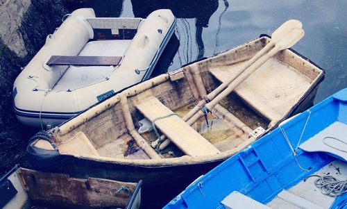 High angle view of abandoned boat moored at shore