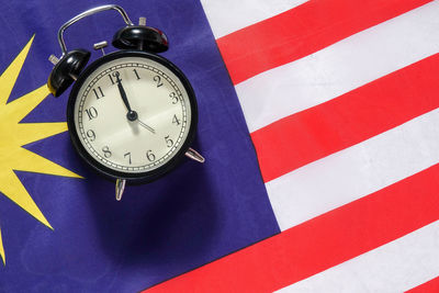 High angle view of clock on table