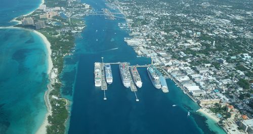 High angle view of cityscape by sea