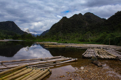 Scenic view of lake by mountains against sky