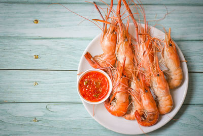 High angle view of seafood on table