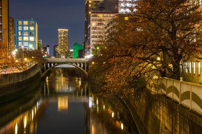 Bridge over river in city at night