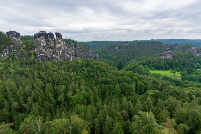 Scenic view of trees and mountains against sky