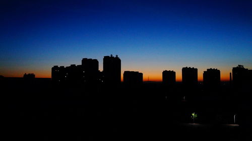 Silhouette buildings against clear sky at sunset