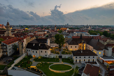 Aerial summer beautiful sunset view of vilnius old town, lithuania