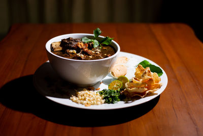 High angle view of indonesian food in bowl on table