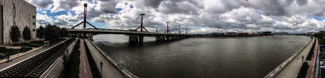 Bridge over river against cloudy sky