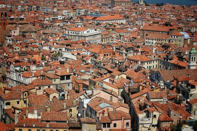 High angle view of houses in town