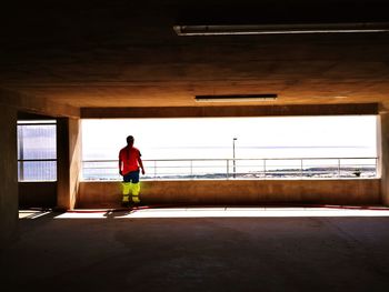 Rear view of man standing on window