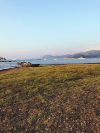 Scenic view of beach against clear sky