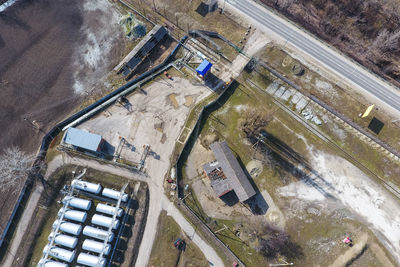 High angle view of road amidst buildings in city