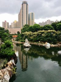 Buildings by lake against sky in city