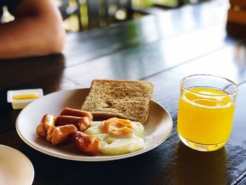 High angle view of breakfast served on table