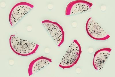 High angle view of fruits in plate on table