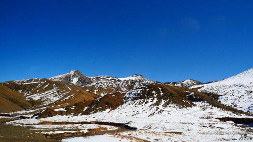 Scenic view of snowcapped mountains against clear blue sky