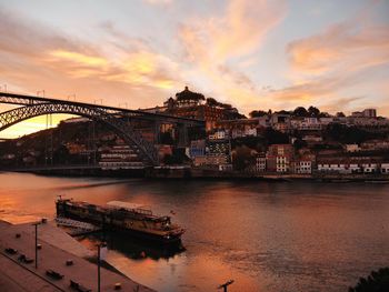 Scenic view of city against sky at sunset