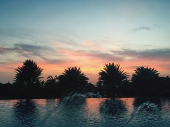 Swimming pool by trees against sky during sunset