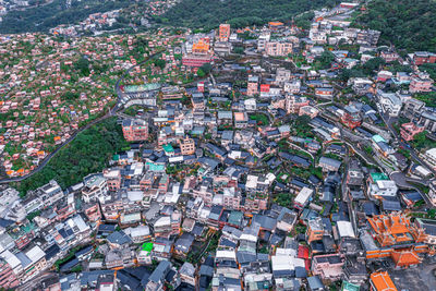 Aerial view jiufen hill side old town near taipei taiwan, famouse old market street