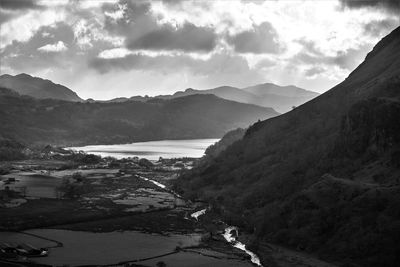 High angle view of mountains against sky