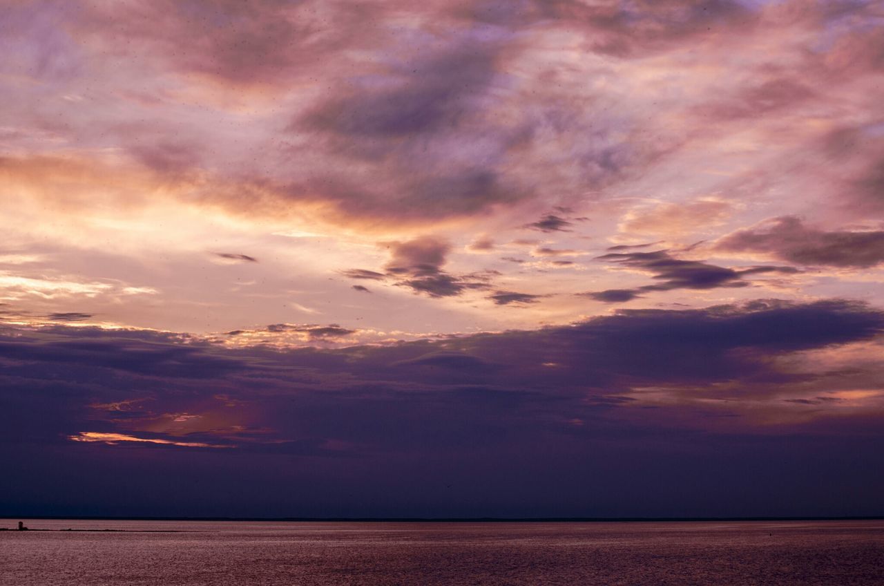 scenics, tranquil scene, sea, sky, tranquility, beauty in nature, horizon over water, sunset, water, cloud - sky, nature, idyllic, cloudy, cloud, dramatic sky, waterfront, weather, cloudscape, dusk, majestic