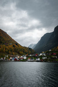 Picturesque coastal village. houses on fjord shore. flåm, norway.