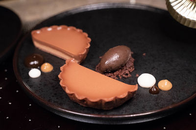 High angle view of chocolate cake on table