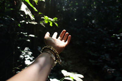 Cropped hand of woman against trees