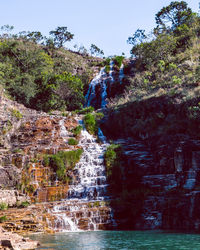 Scenic view of waterfall in forest against sky