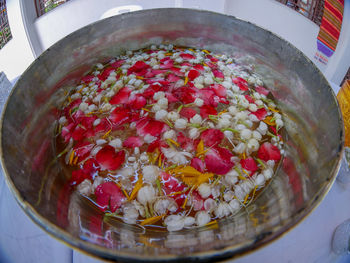 High angle view of fruits in bowl on table
