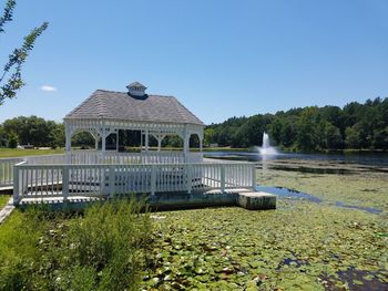 View of built structures against clear sky