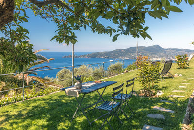 Panoramic view from chiavari terrace to ligurian seaside,portofino area and mediterranean sea, italy