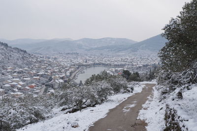 Scenic view of snow covered mountains against sky