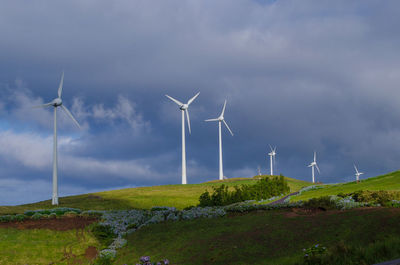 Windmills on field against sky