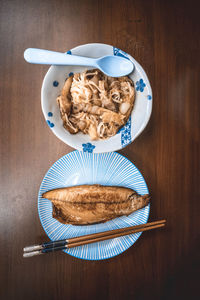 High angle view of food in plate on table