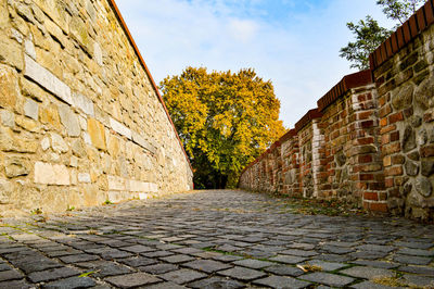 Surface level of cobbled footpath against sky