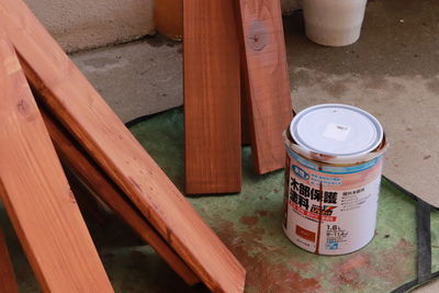 High angle view of text on chair at home