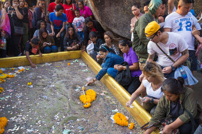 High angle view of people on floor