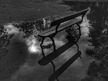 High angle view of empty bench by lake