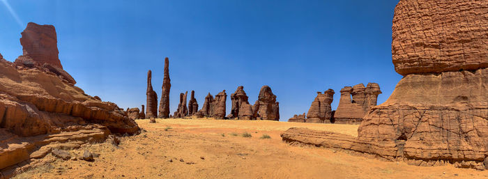 Panoramic view of rock formations against blue sky