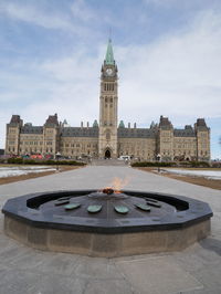 Fountain in front of building against sky