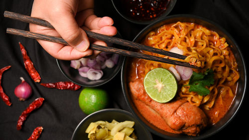 High angle view of food on table