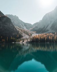 Scenic view of lake and mountains against sky