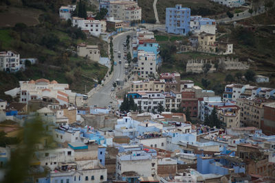 High angle view of buildings in city