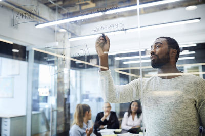 Confident businessman writing on felt tip pen while colleagues sitting in background during meeting at office