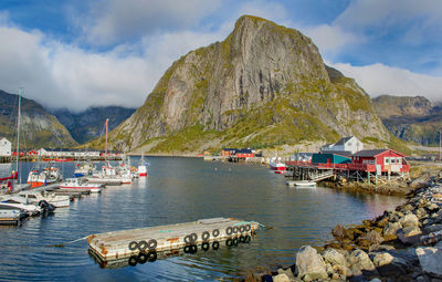 Picturesque landscape on a harbor in a fishing village moskenesoya in lofoten islands, north norway