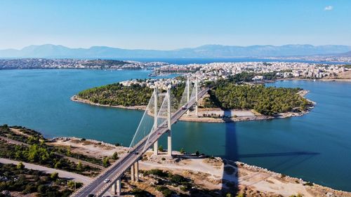 High angle view of city by sea