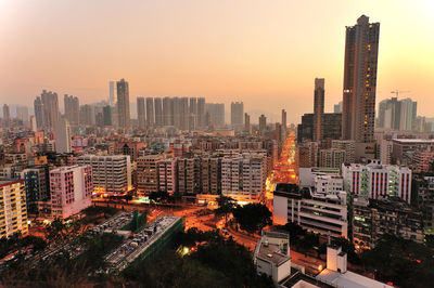 High angle view of city at dusk