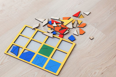 High angle view of toys on table