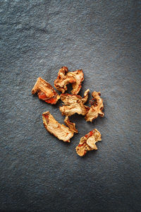 High angle view of dry leaves on table